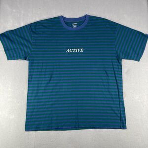 Active Ride Shop T-Shirt Men's 2XL Navy Green Striped 100% Cotton Crew Neck Logo